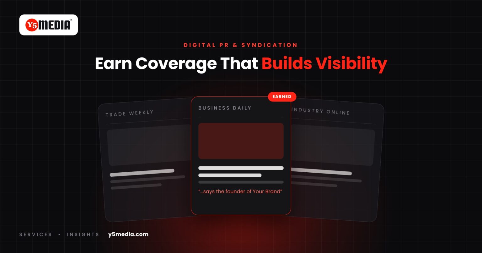 Three online publication cards with the centre article marked as earned coverage quoting a company founder