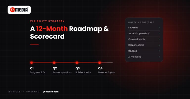 Quarter-by-quarter 12-month visibility roadmap timeline next to a monthly marketing scorecard