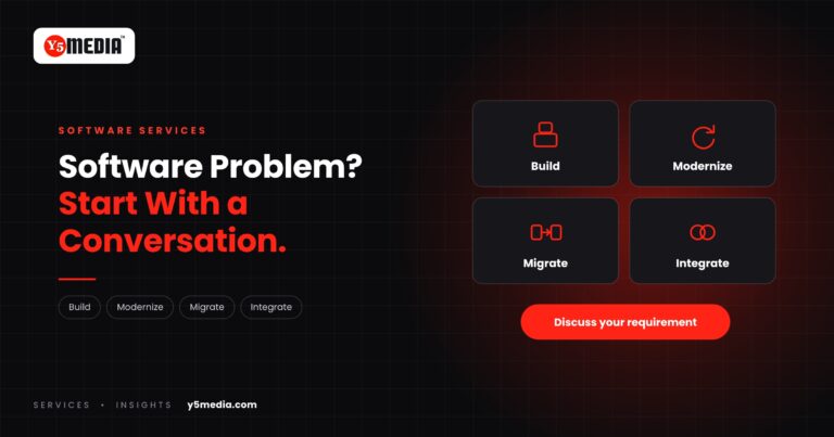 Y5Media graphic showing four software services, build, modernize, migrate and integrate, with an invitation to discuss a requirement