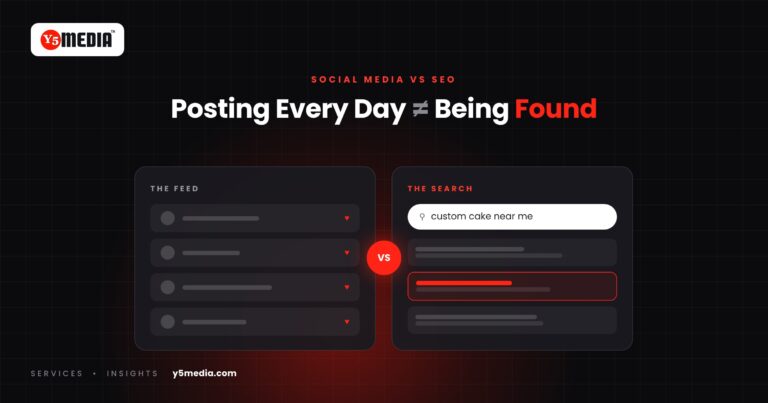 Comparison of a social media feed and a search results page showing the difference between posting and being found