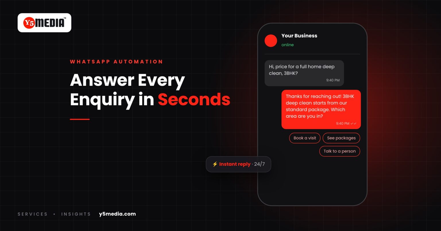 Phone chat showing an instant automated reply to a late-night customer enquiry with quick-reply buttons